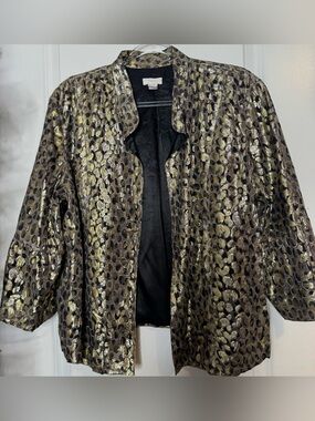 Chico's Metallic Leopard-Spot Open Jacket - Gold & Black Sz 2 SM silk blend